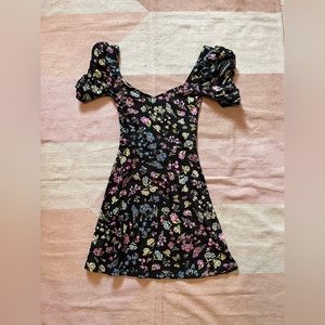 Size 0 H&M black midi dress with pink, blue and yellow flowers